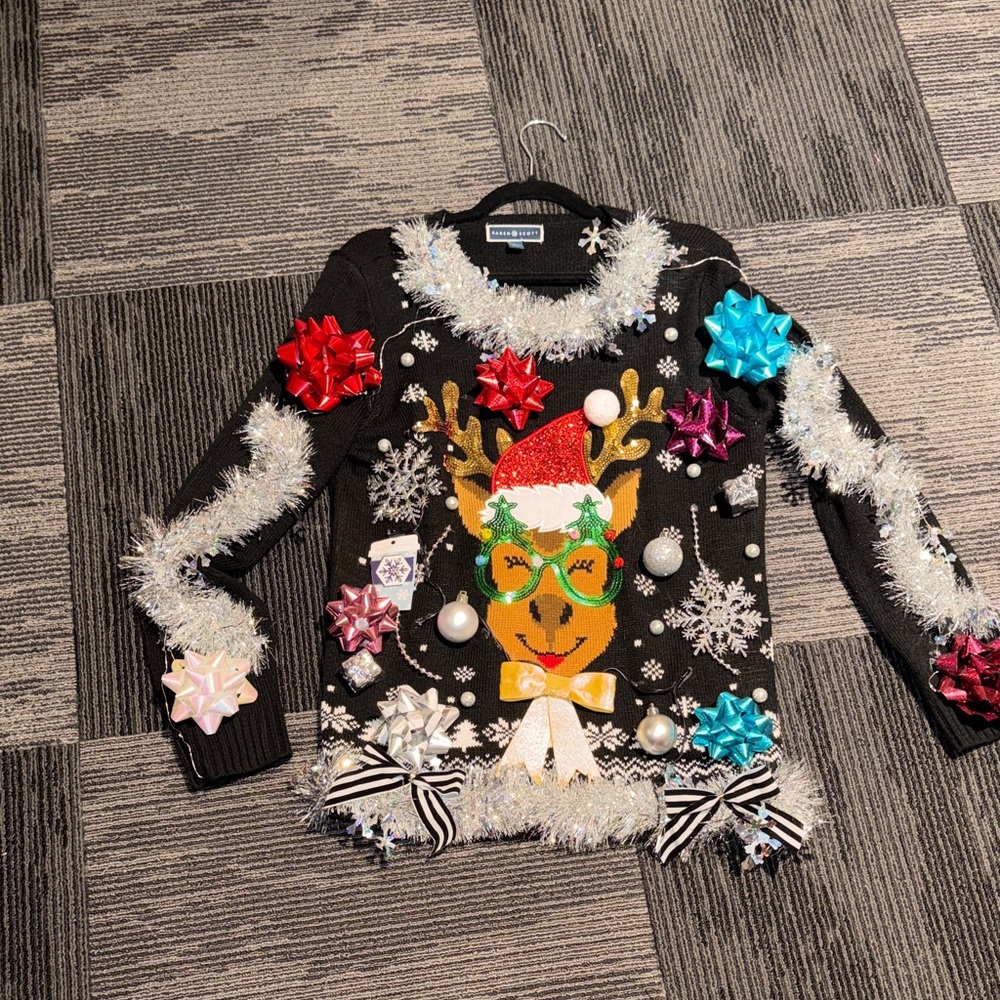Karen Scott Festive Black Sweater with Colorful Accents